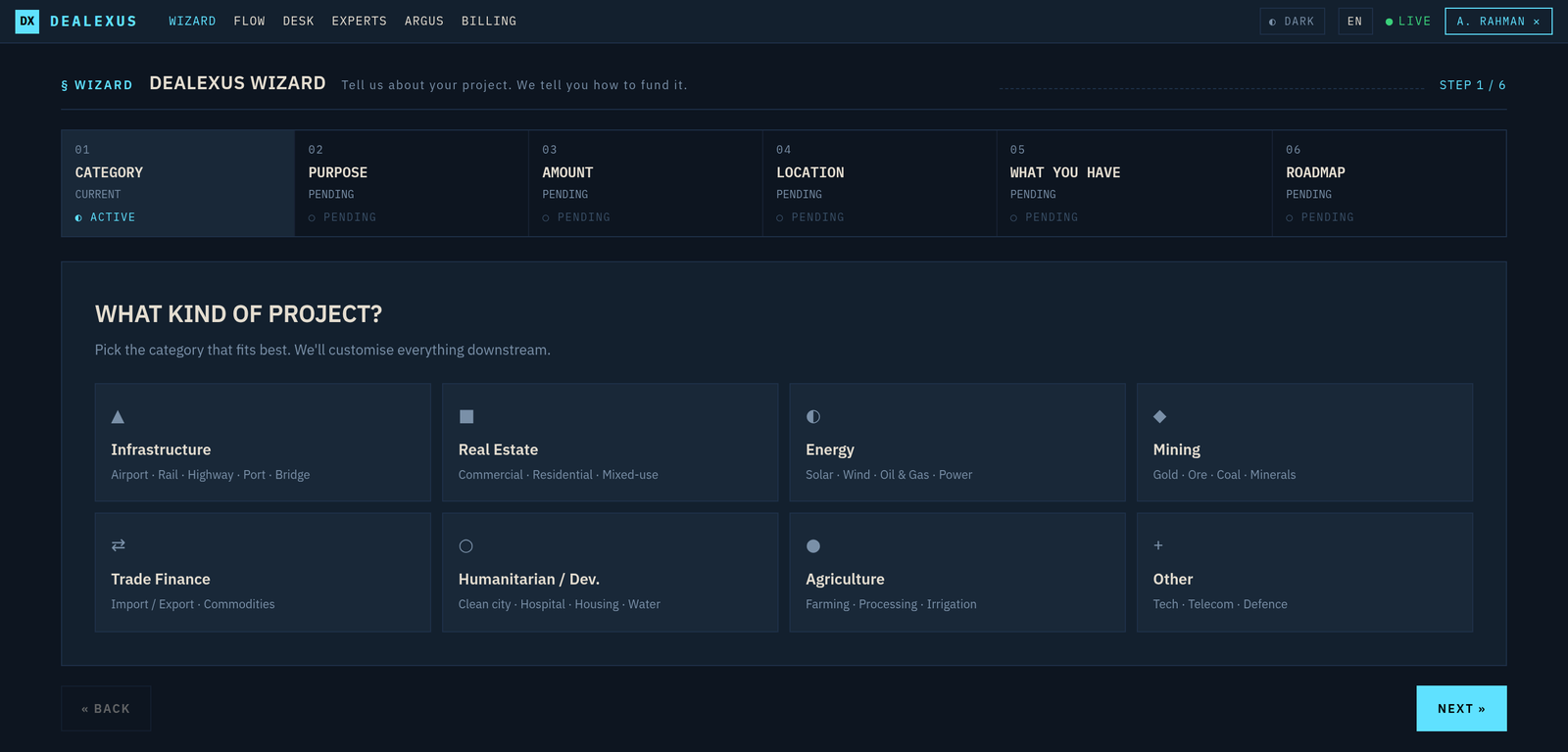 The DEALEXUS terminal Wizard screen: an eight-step intake that asks what kind of project you're funding — infrastructure, trade finance, energy and more — to structure the deal.